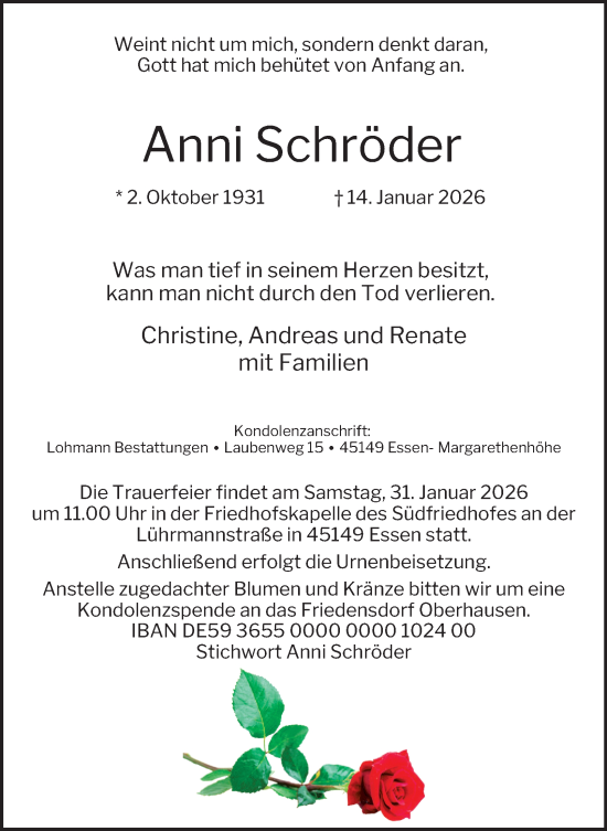Traueranzeige von Anni Schröder von Tageszeitung