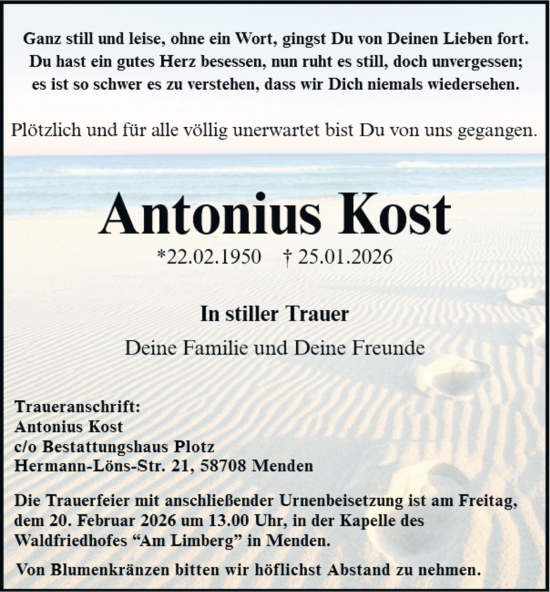 Traueranzeige von Antonius Kost von Tageszeitung