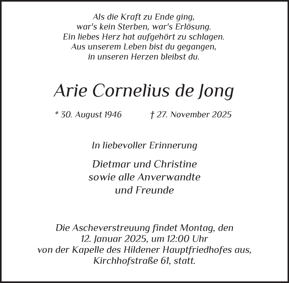  Traueranzeige für Arie Cornelius de Jong vom 10.01.2026 aus Tageszeitung