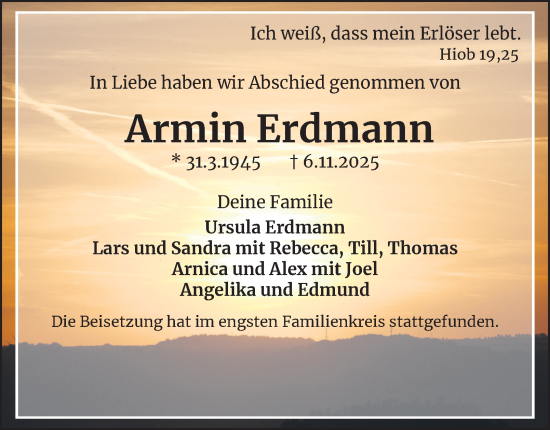 Traueranzeige von Armin Erdmann von Tageszeitung