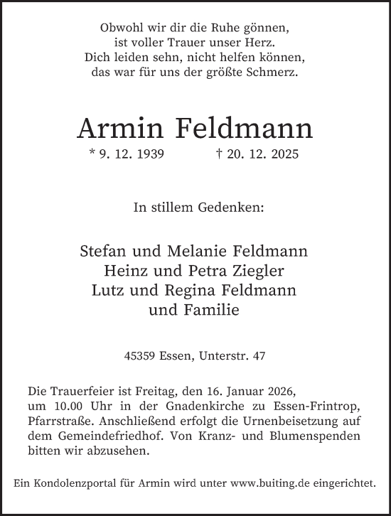 Traueranzeige von Armin Feldmann von Tageszeitung