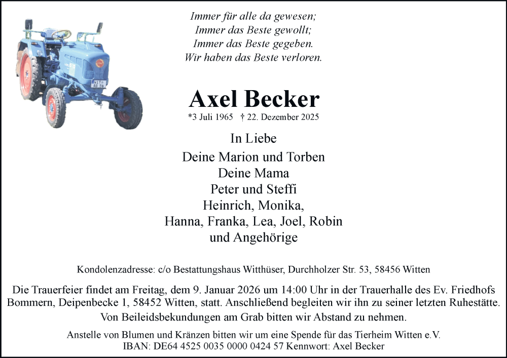  Traueranzeige für Axel Becker vom 03.01.2026 aus Tageszeitung