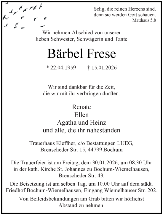 Traueranzeige von Bärbel Frese von Tageszeitung
