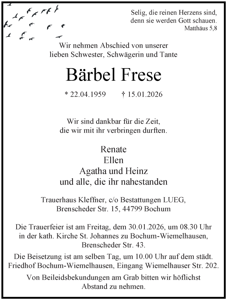  Traueranzeige für Bärbel Frese vom 24.01.2026 aus Tageszeitung