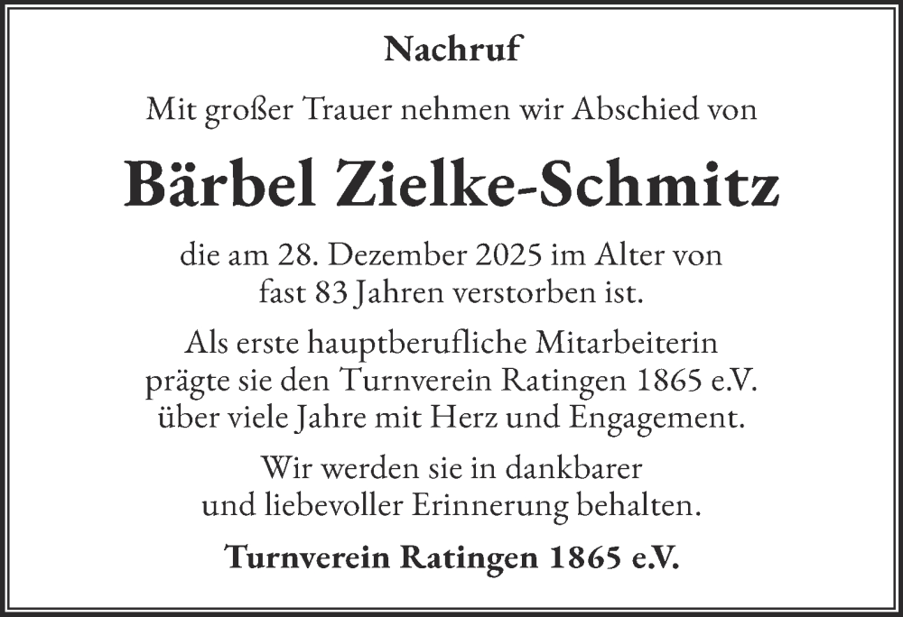  Traueranzeige für Bärbel Zielke-Schmitz vom 17.01.2026 aus Tageszeitung
