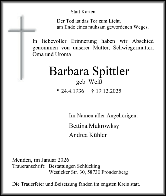 Traueranzeige von Barbara Spittler von Tageszeitung