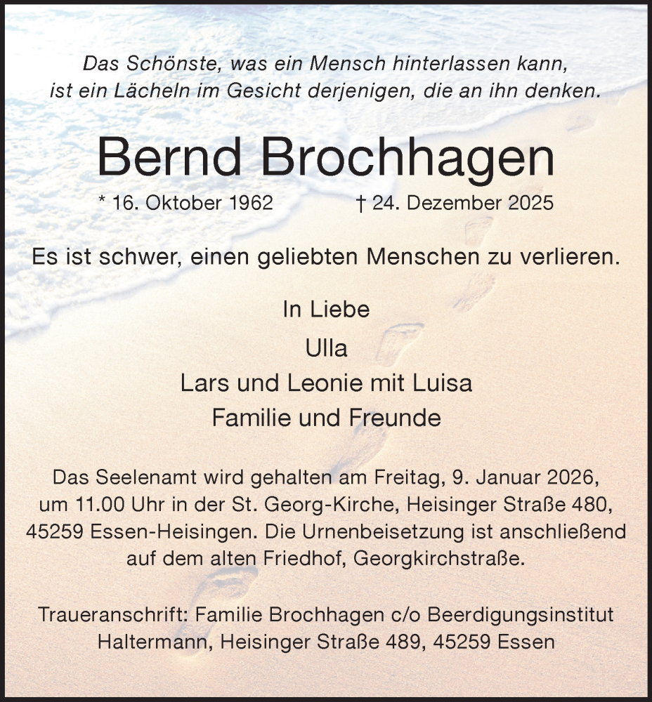  Traueranzeige für Bernd Brochhagen vom 03.01.2026 aus Tageszeitung