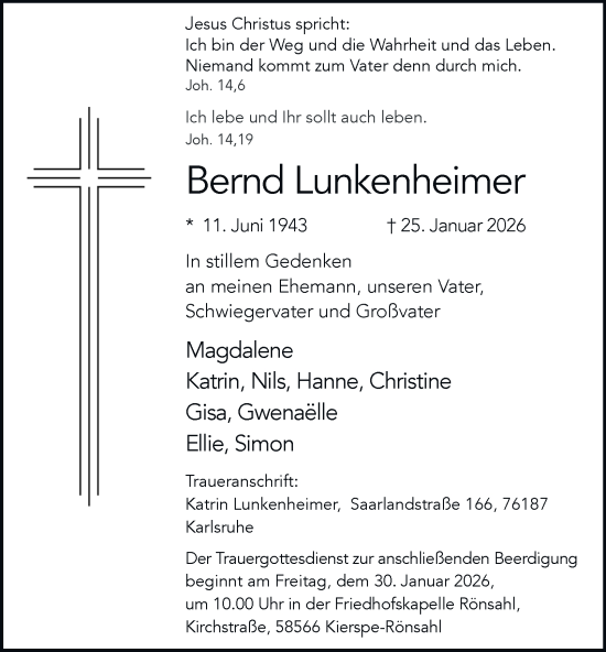 Traueranzeige von Bernd Lunkenheimer von Tageszeitung