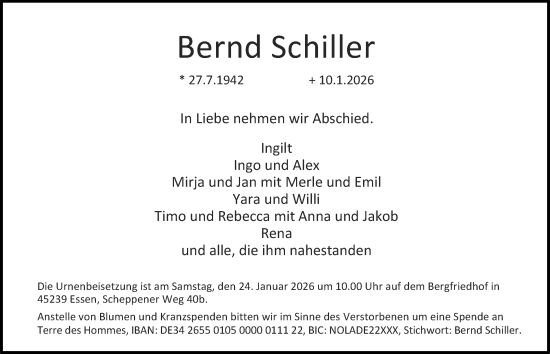 Traueranzeige von Bernd Schiller von Tageszeitung