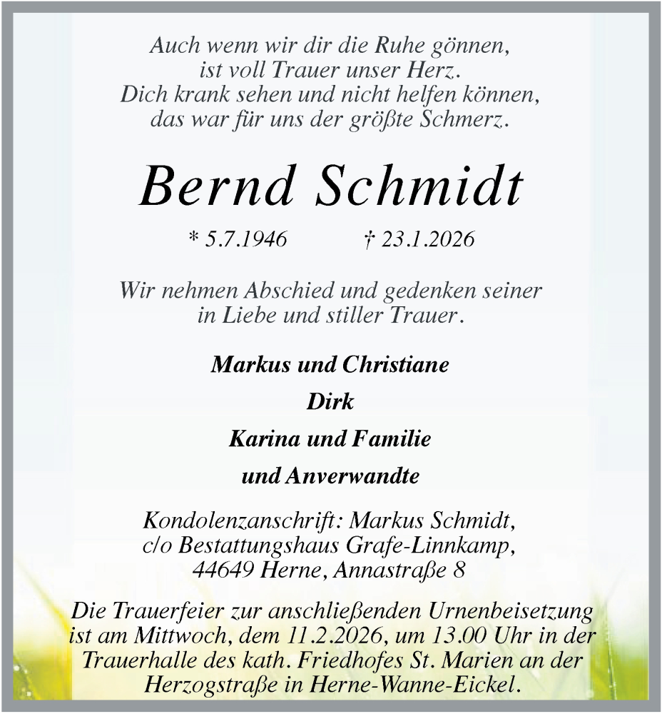  Traueranzeige für Bernd Schmidt vom 31.01.2026 aus Tageszeitung