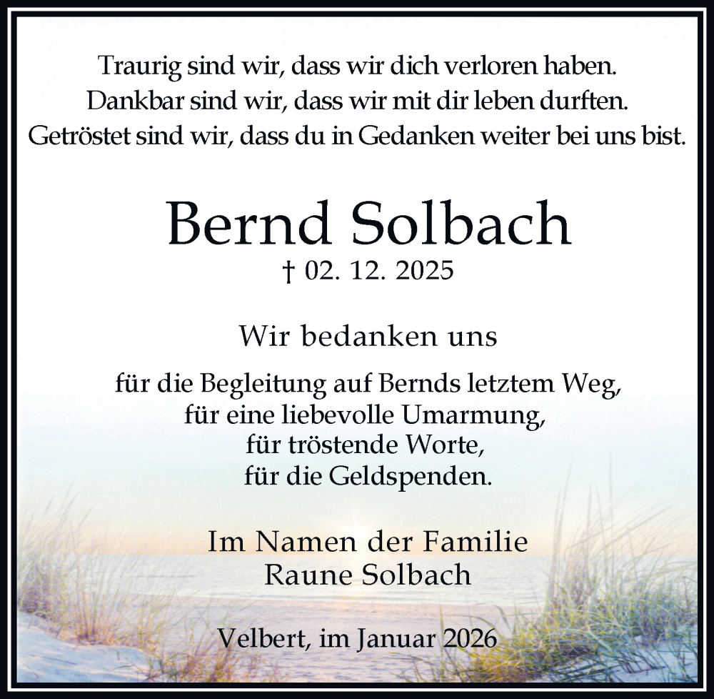  Traueranzeige für Bernd Solbach vom 17.01.2026 aus Tageszeitung