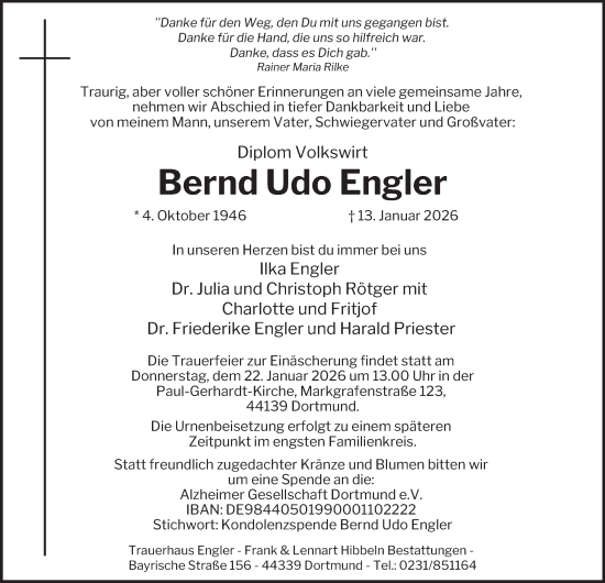 Traueranzeige von Bernd Udo Engler von Tageszeitung