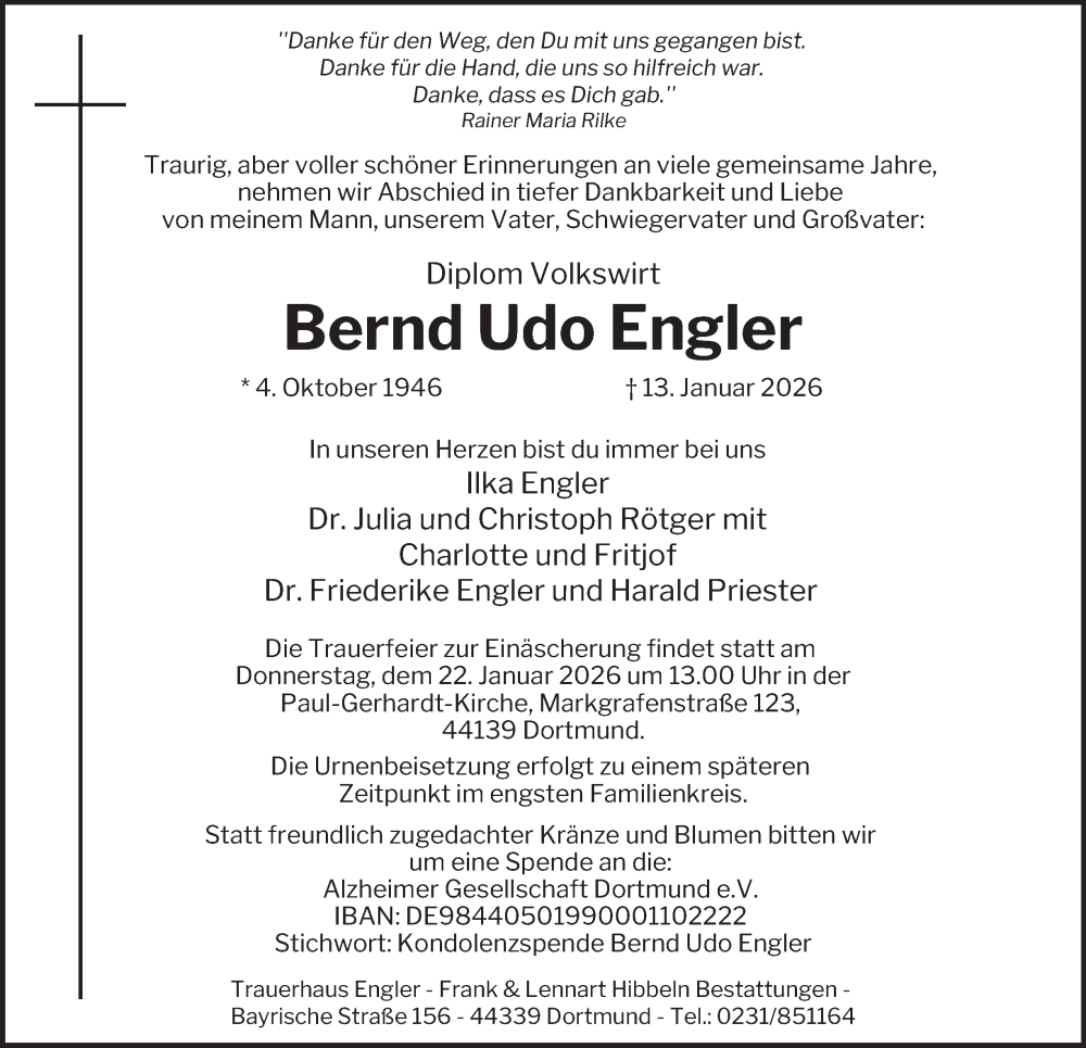  Traueranzeige für Bernd Udo Engler vom 17.01.2026 aus Tageszeitung