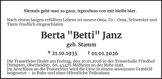 Traueranzeige von Berta Janz von Tageszeitung