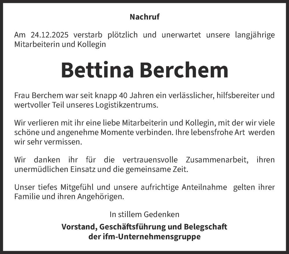  Traueranzeige für Bettina Berchem vom 10.01.2026 aus Tageszeitung