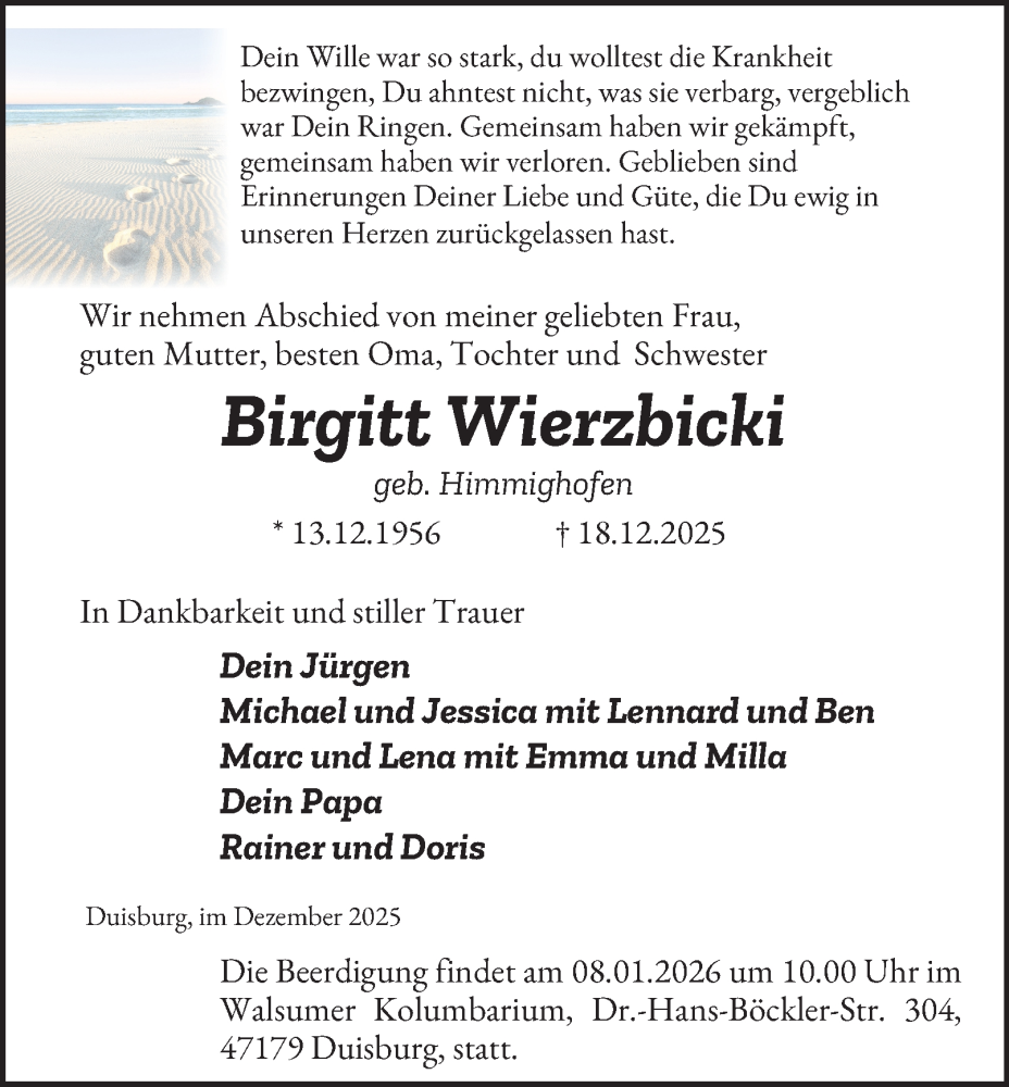  Traueranzeige für Birgitt Wierzbicki vom 03.01.2026 aus Tageszeitung