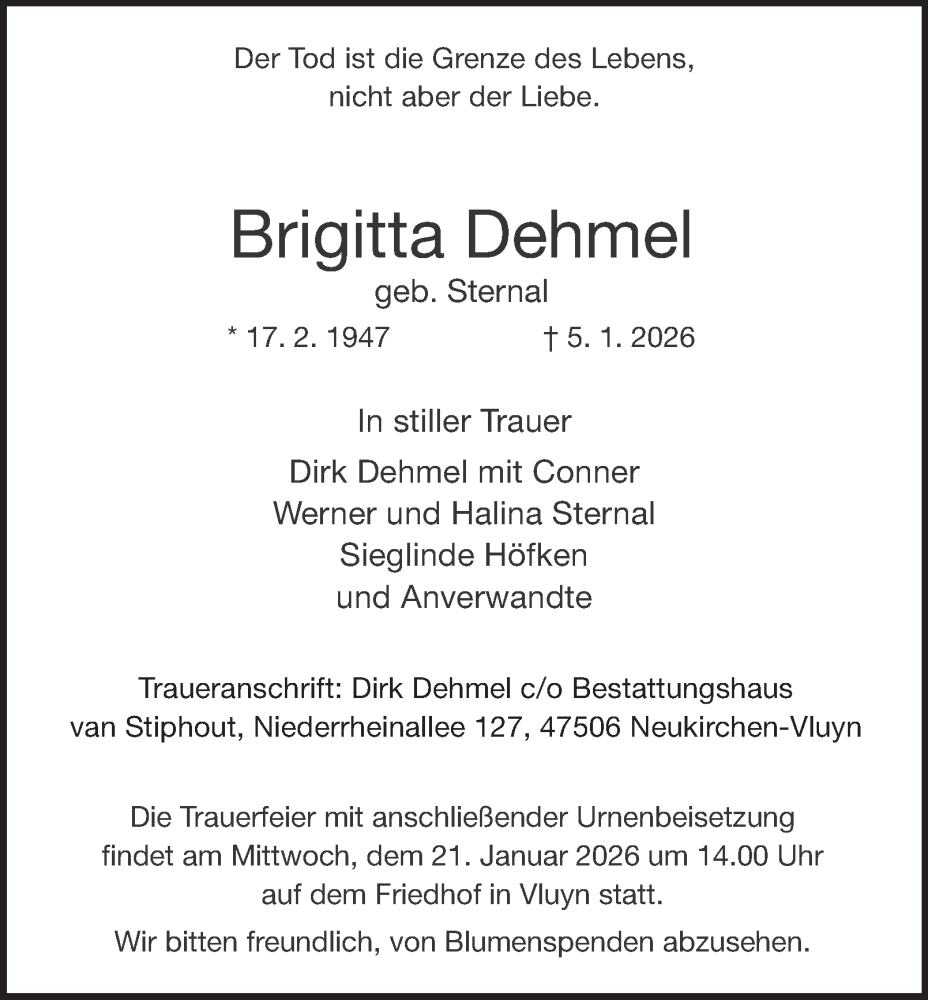  Traueranzeige für Brigitta Dehmel vom 17.01.2026 aus Tageszeitung