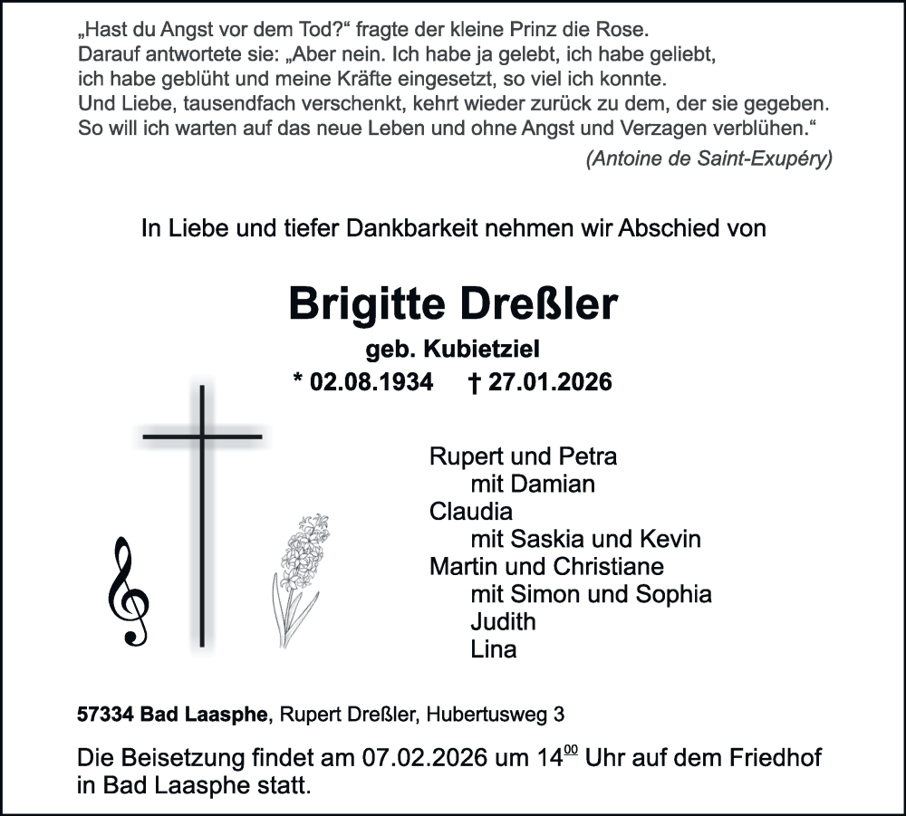  Traueranzeige für Brigitte Dreßler vom 31.01.2026 aus Tageszeitung