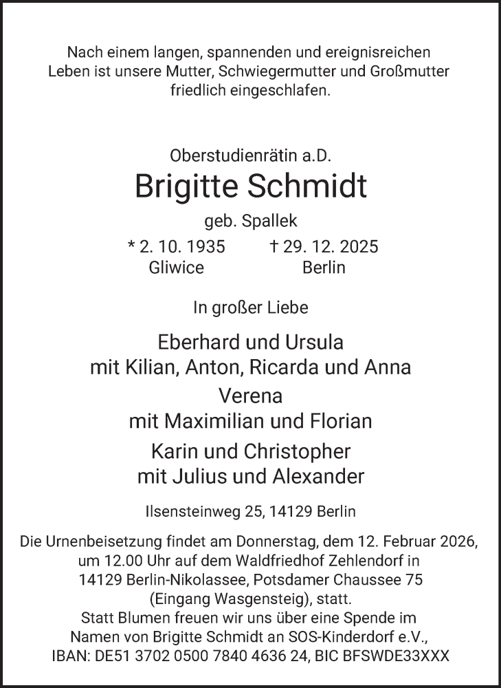  Traueranzeige für Brigitte Schmidt vom 31.01.2026 aus Tageszeitung