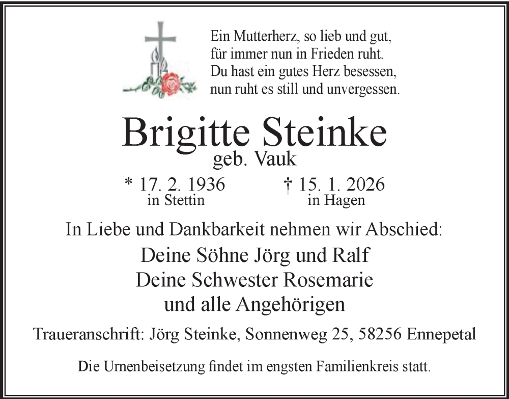  Traueranzeige für Brigitte Steinke vom 24.01.2026 aus Tageszeitung
