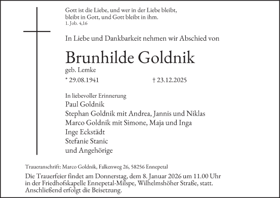 Traueranzeige von Brunhilde Goldnik von Tageszeitung