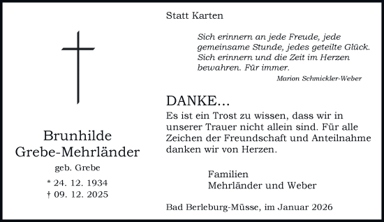 Traueranzeige von Brunhilde Grebe-Mehrländer von Tageszeitung