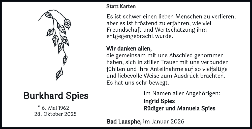  Traueranzeige für Burkhard Spies vom 17.01.2026 aus Tageszeitung