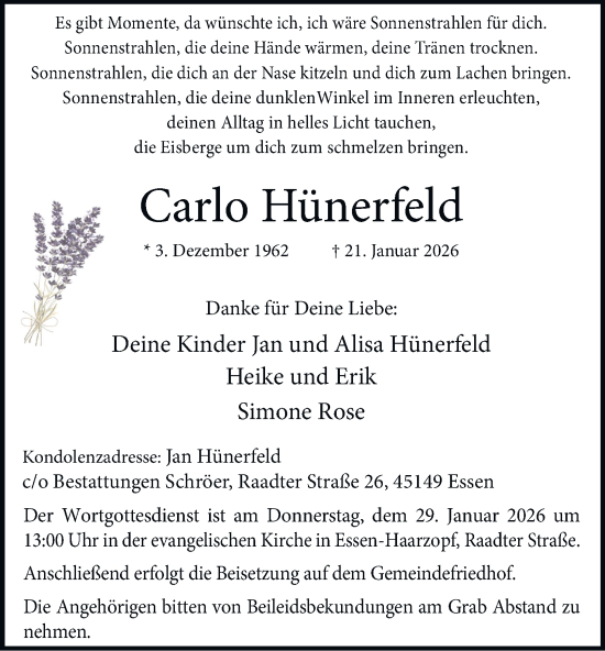 Traueranzeige von Carlo Hünerfeld von Tageszeitung