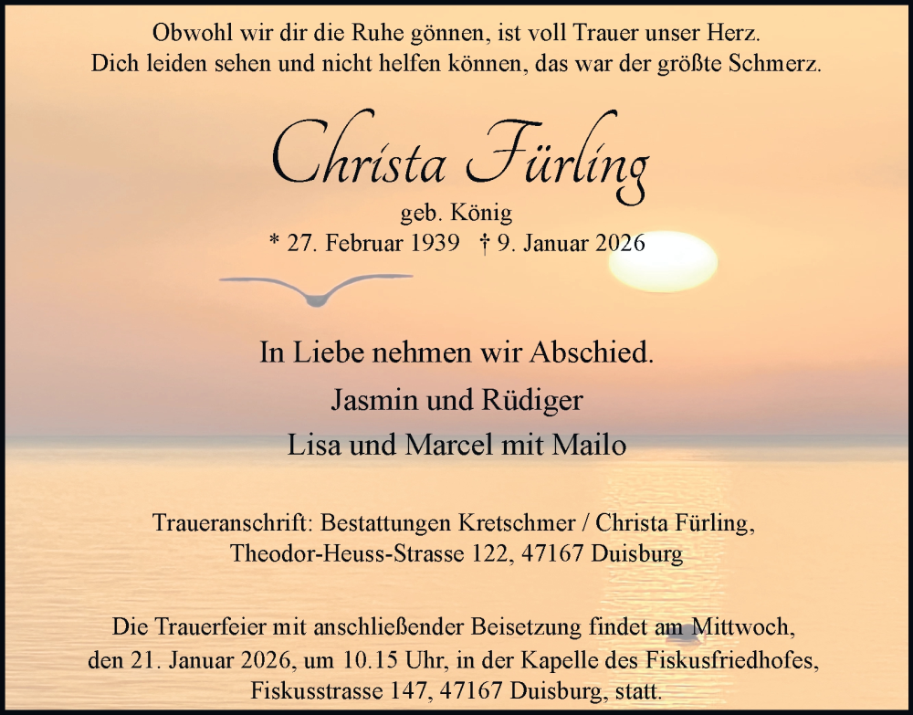  Traueranzeige für Christa Fürling vom 17.01.2026 aus Tageszeitung