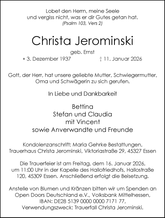 Traueranzeige von Christa Jerominski von Tageszeitung