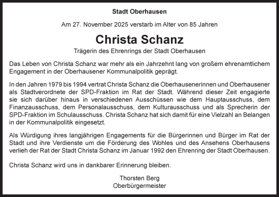 Traueranzeige von Christa Schanz von Tageszeitung