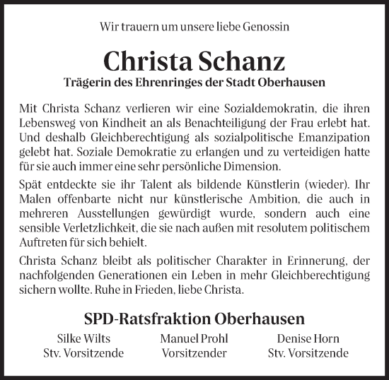 Traueranzeige von Christa Schanz von Tageszeitung