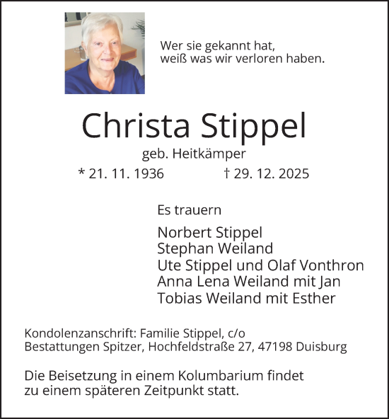 Traueranzeige von Christa Stippel von Tageszeitung