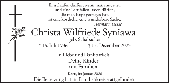 Traueranzeige von Christa Wilfriede Syniawa von Tageszeitung