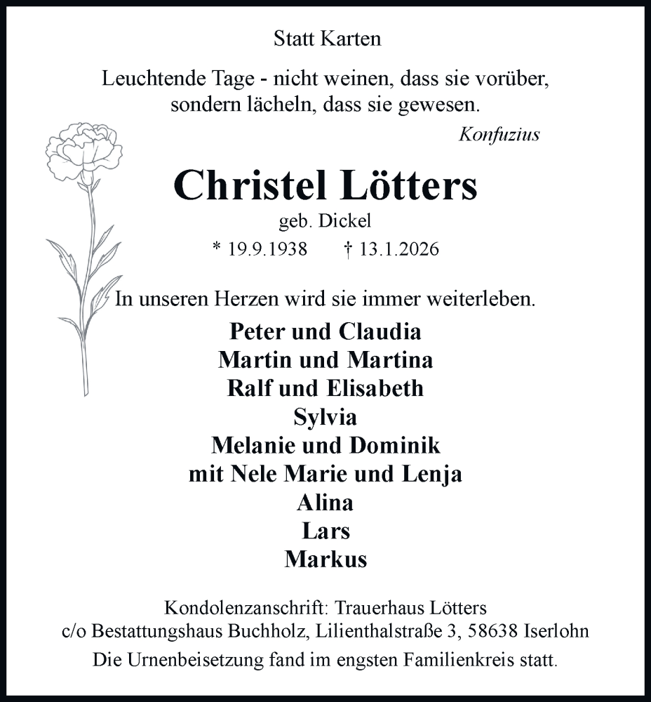  Traueranzeige für Christel Lötters vom 31.01.2026 aus Tageszeitung