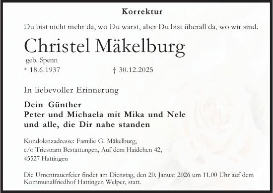 Traueranzeige von Christel Mäkelburg von Tageszeitung