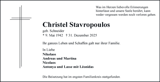 Traueranzeige von Christel Stavropoulos von Tageszeitung
