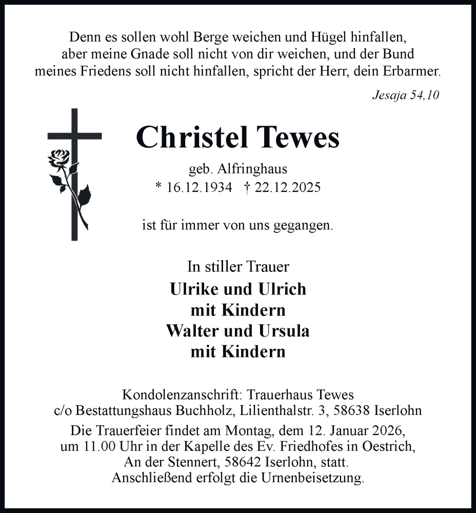  Traueranzeige für Christel Tewes vom 03.01.2026 aus Tageszeitung