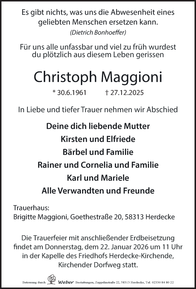  Traueranzeige für Christoph Maggioni vom 17.01.2026 aus Tageszeitung