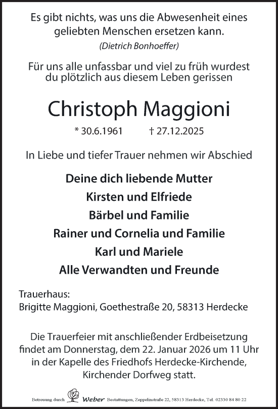 Traueranzeige von Christoph Maggioni von Tageszeitung