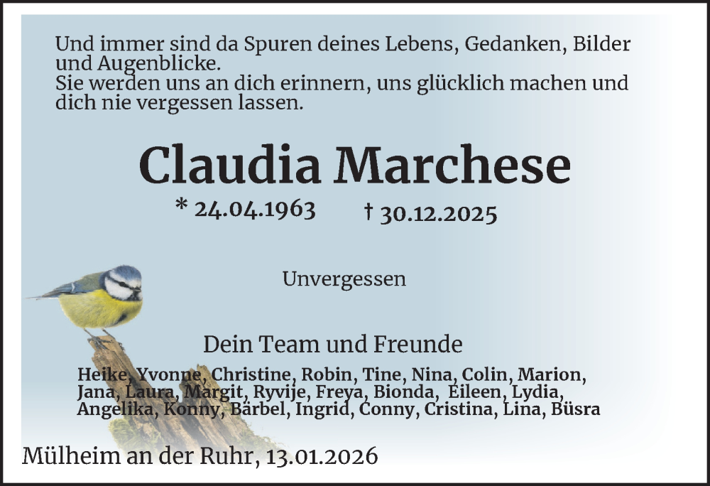 Traueranzeige für Claudia Marchese vom 24.01.2026 aus Tageszeitung