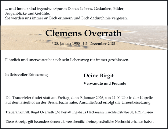 Traueranzeige von Clemens Overrath von Tageszeitung