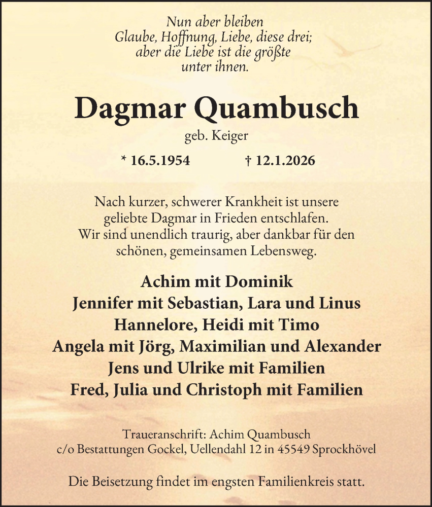  Traueranzeige für Dagmar Quambusch vom 24.01.2026 aus Tageszeitung