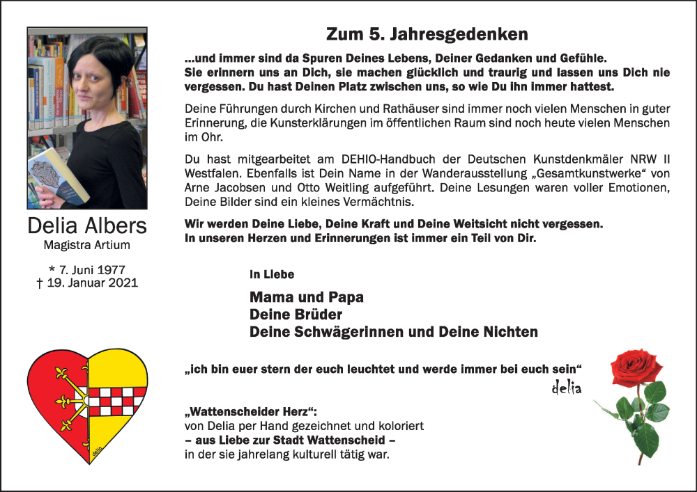  Traueranzeige für Delia Albers vom 19.01.2026 aus Tageszeitung