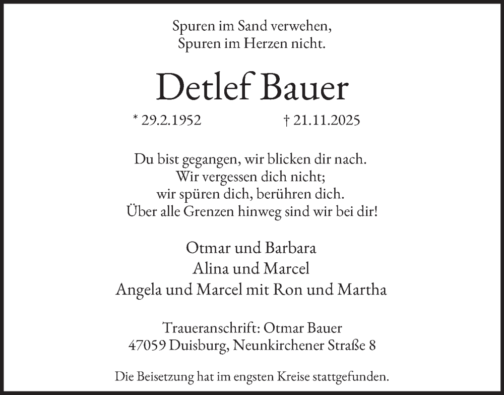  Traueranzeige für Detlef Bauer vom 07.01.2026 aus Tageszeitung