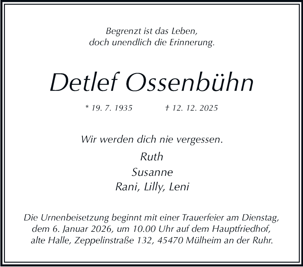  Traueranzeige für Detlef Ossenbühn vom 03.01.2026 aus Tageszeitung
