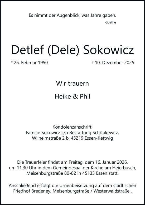 Traueranzeige von Detlef Sokowicz von Tageszeitung
