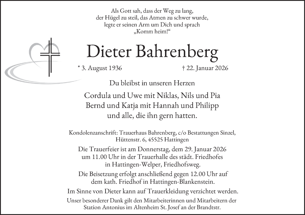  Traueranzeige für Dieter Bahrenberg vom 24.01.2026 aus Tageszeitung