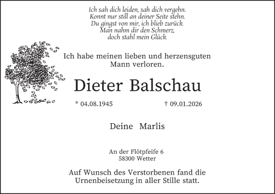 Traueranzeige von Dieter Balschau von Tageszeitung