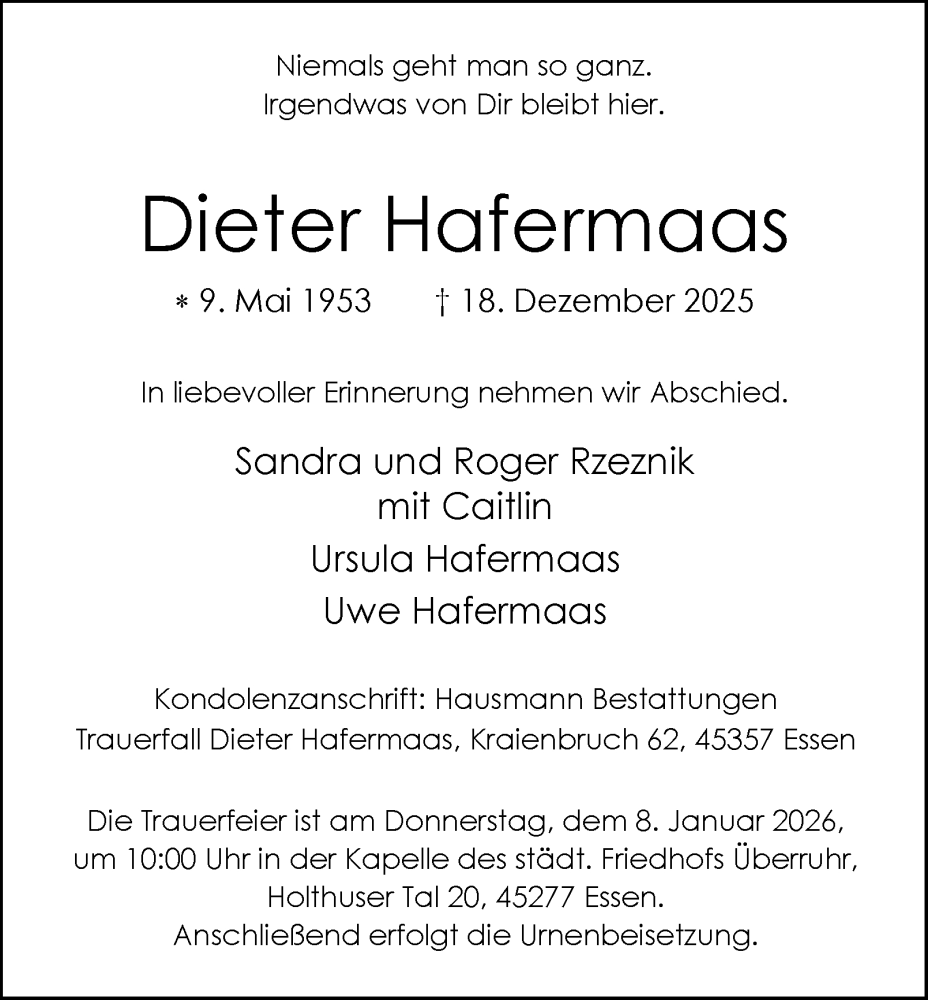  Traueranzeige für Dieter Hafermaas vom 03.01.2026 aus Tageszeitung